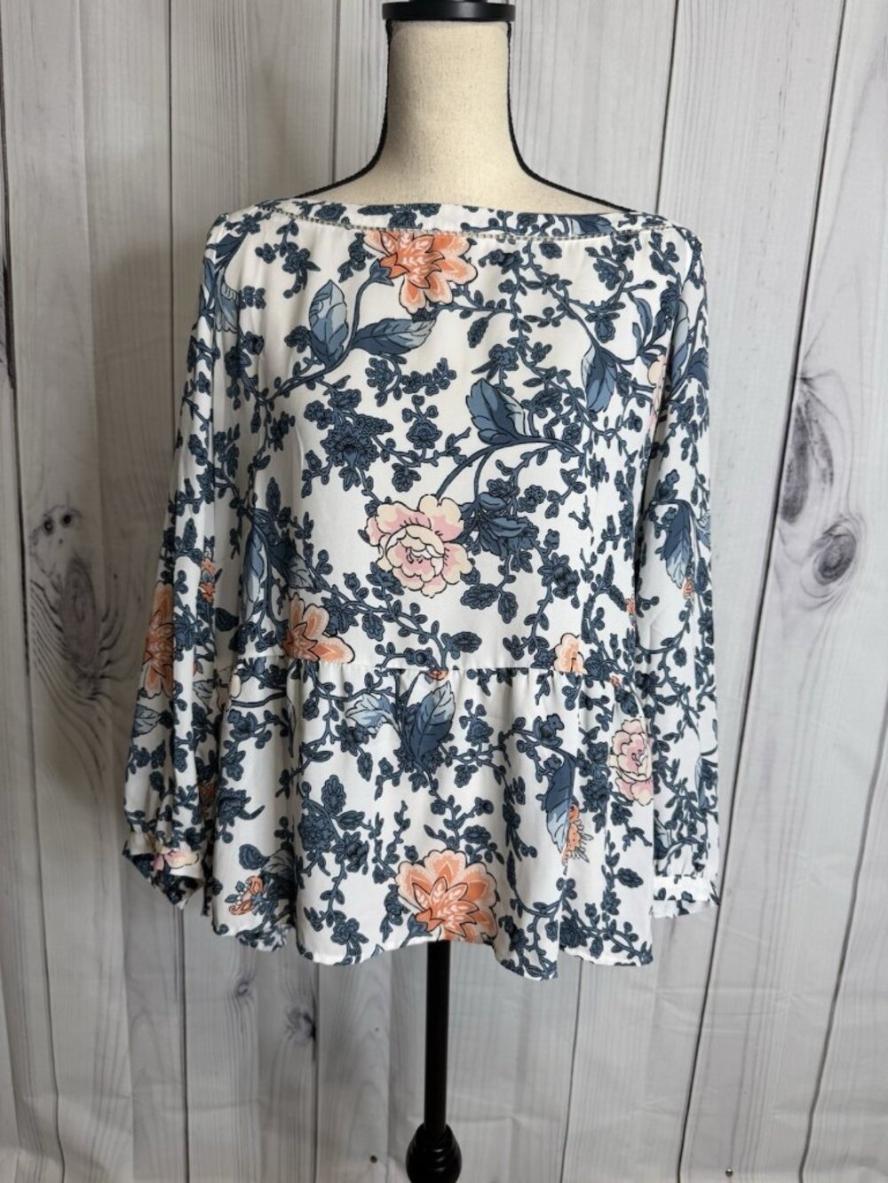 Ann Taylor LOFT Floral Semi Sheer Peplum Blouse Top Size L Boho Long Sleeve